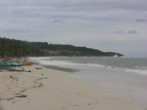 View of West Bay beach on an overcast day